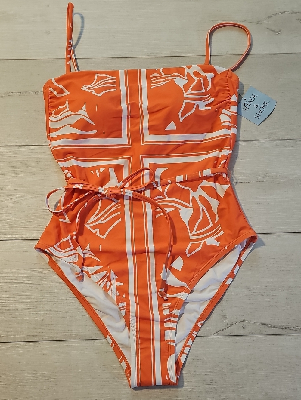 Shade & Shore Women's L Orange & White One-Piece Swimsuit with Accent Belt x